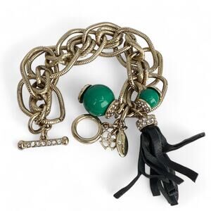 Ann Taylor Charm Bracelet Gold Tone Chain Rhinestone Green Beads Leather Tassel